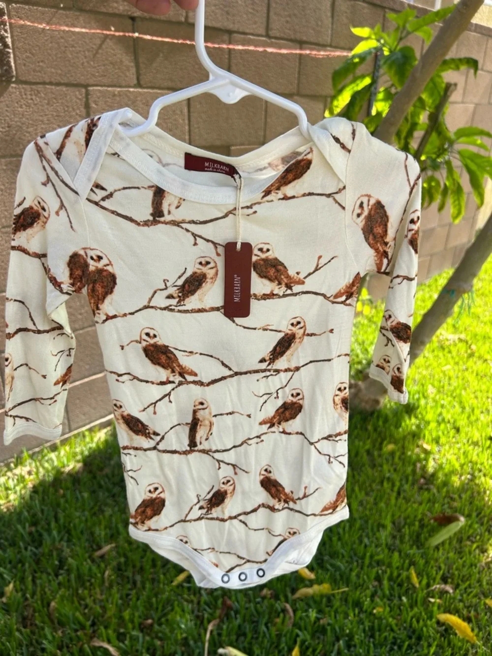 Milkbarn Cream and Brown Owl Print Long-Sleeve One-Piece